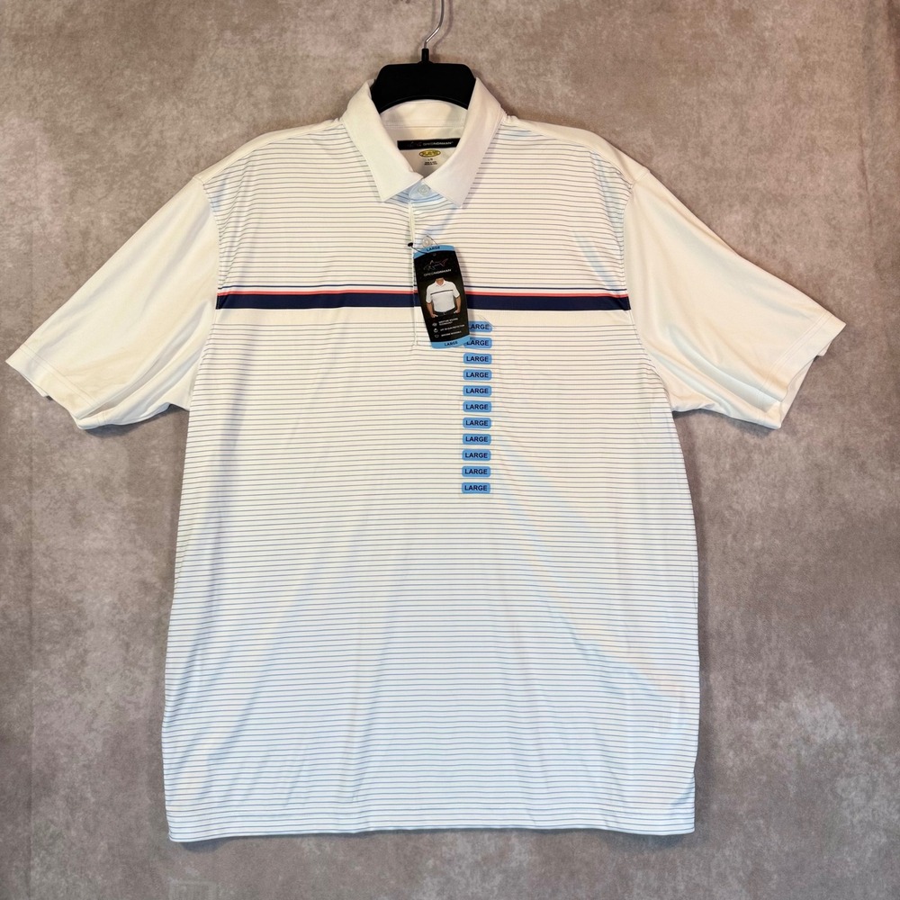 Greg Norman Polo Shirt Men Large White Striped Play Dry Performance Athletic
